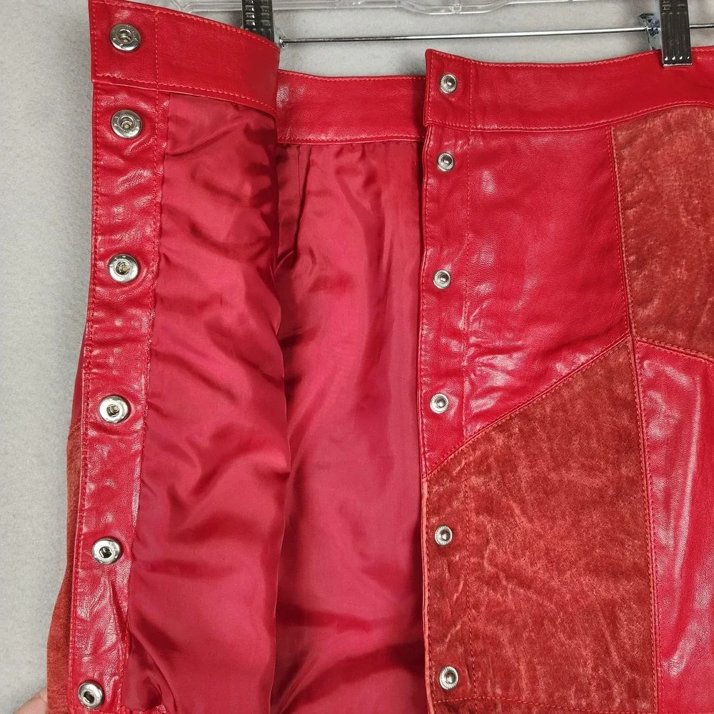 Forever 21 Skirt‎ Womens 28 Red Leather Patchwork Snap Button Front Mini Lined